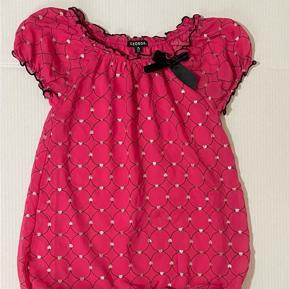 George M 7/8 Pink Top (24inch) Or Dress With Black Circles & Glitter Hearts CUTE